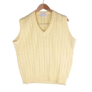 Vintage Lord Jeff Mens Cable Knit Sweater Vest Yellow V-Neck USA L